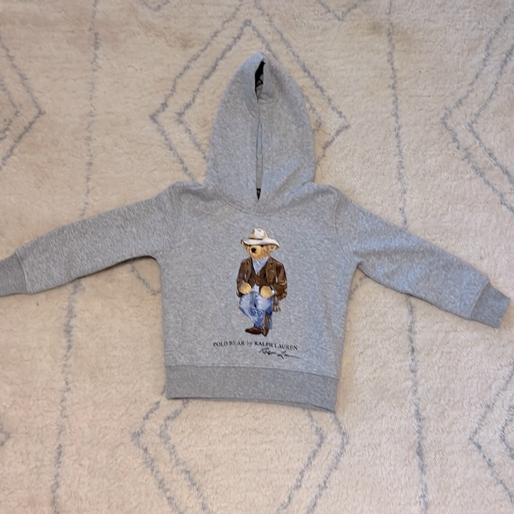 Kids Polo Ralph Lauren grey hooded sweatshirt with Polo Bear on front. New!